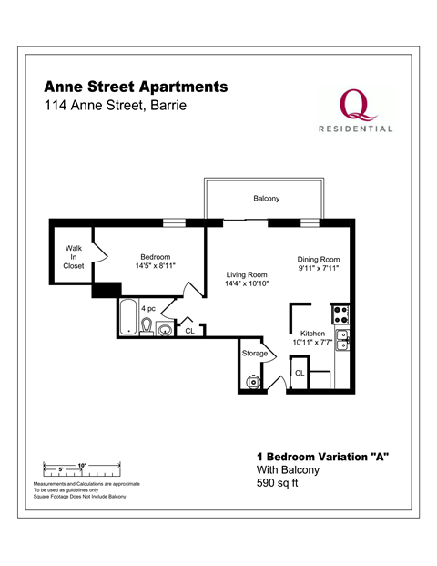 Floor plan for 1 bed, 1 bath, 590 sqft